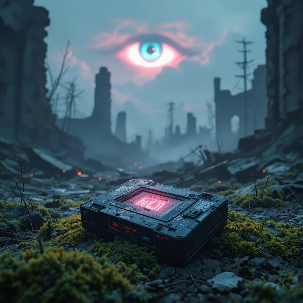 Haunting Holotape Confession in Ruins, Syd Mead Style