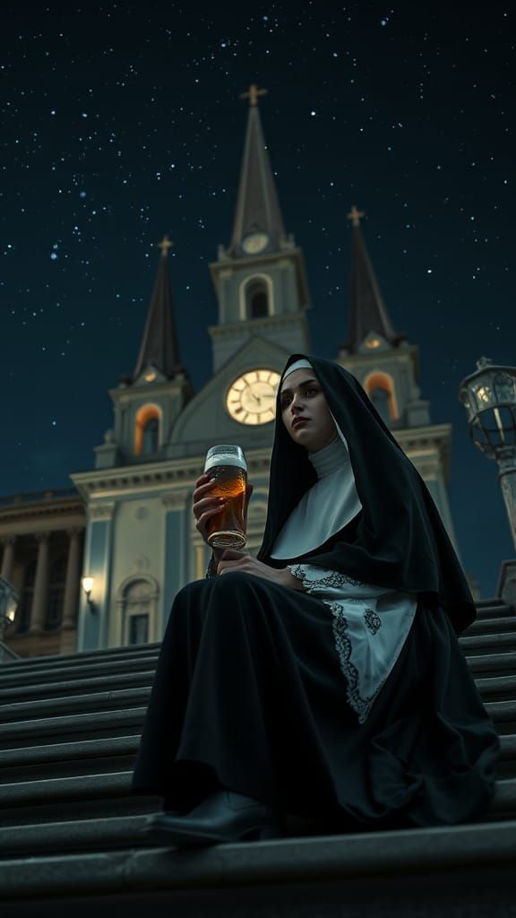 Hyperdetailed Nun Drinking Beer Under Starry Sky