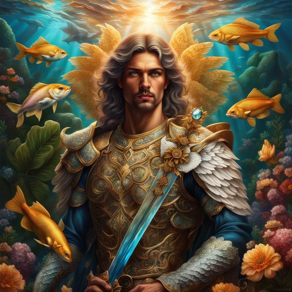 Underwater Archangel with Fish in Hyperreal Style
