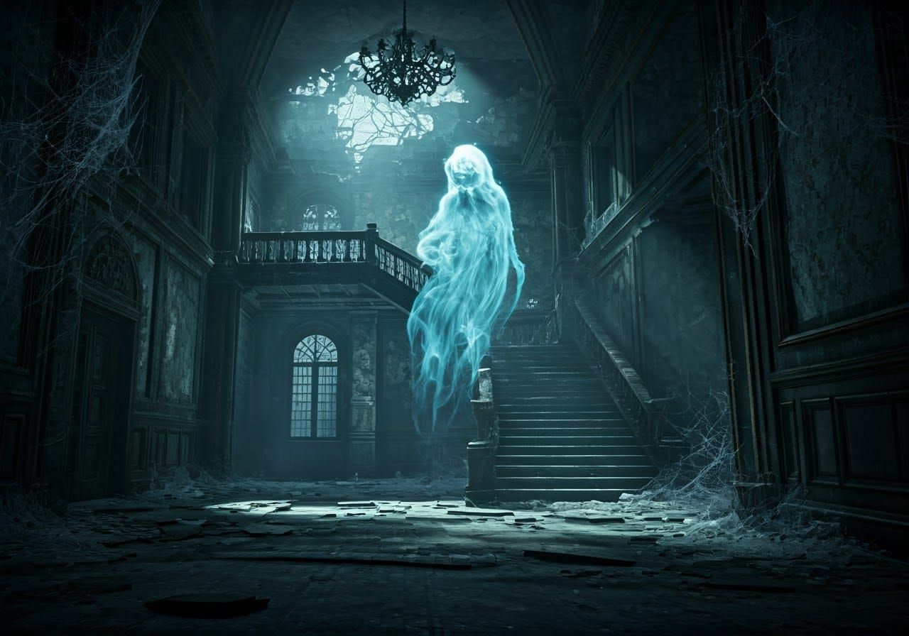 Ethereal Ghost Haunts an Ancient Mansion in Haunting Bokeh P...
