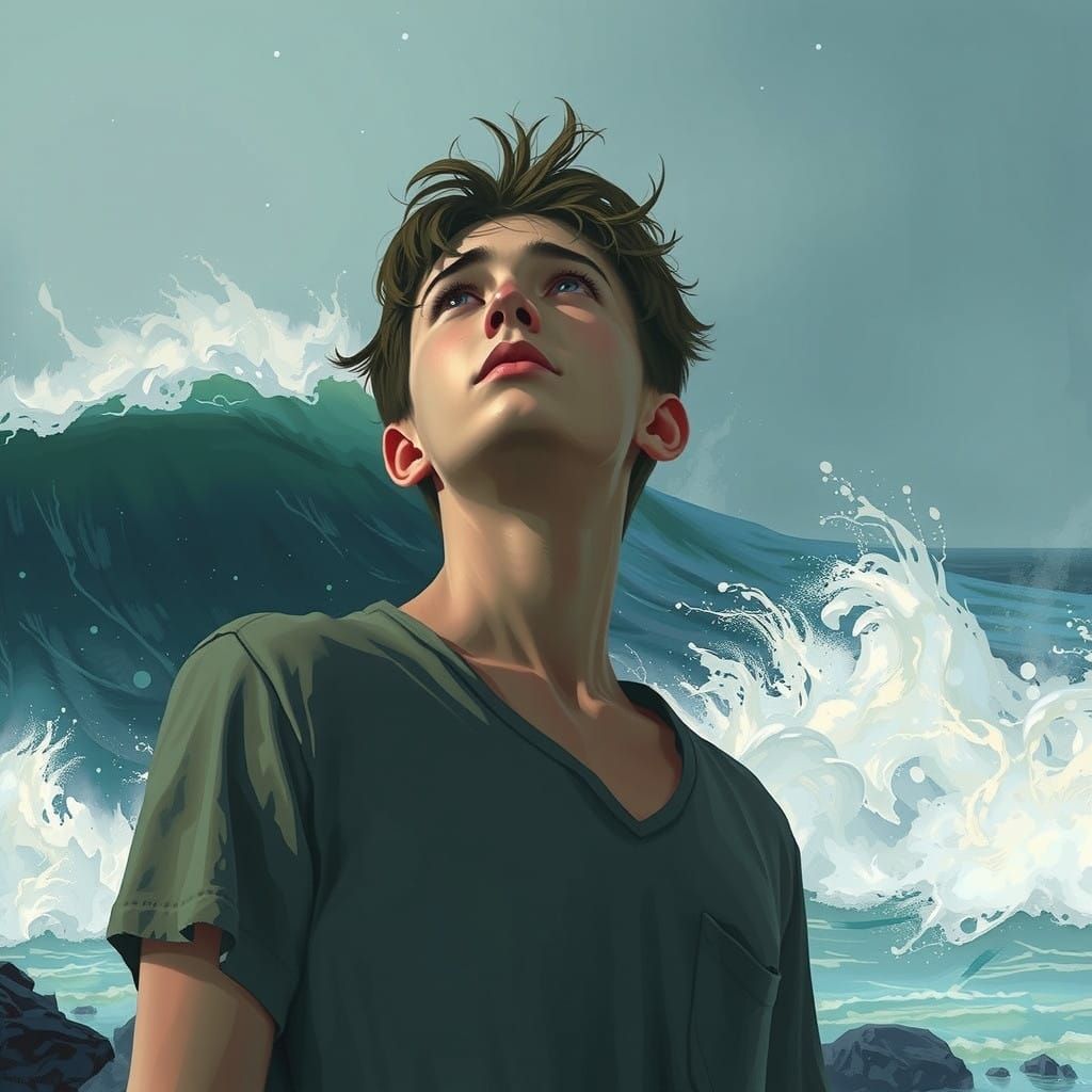 Serene Coastal Figure Contemplates Endless Blue Horizon