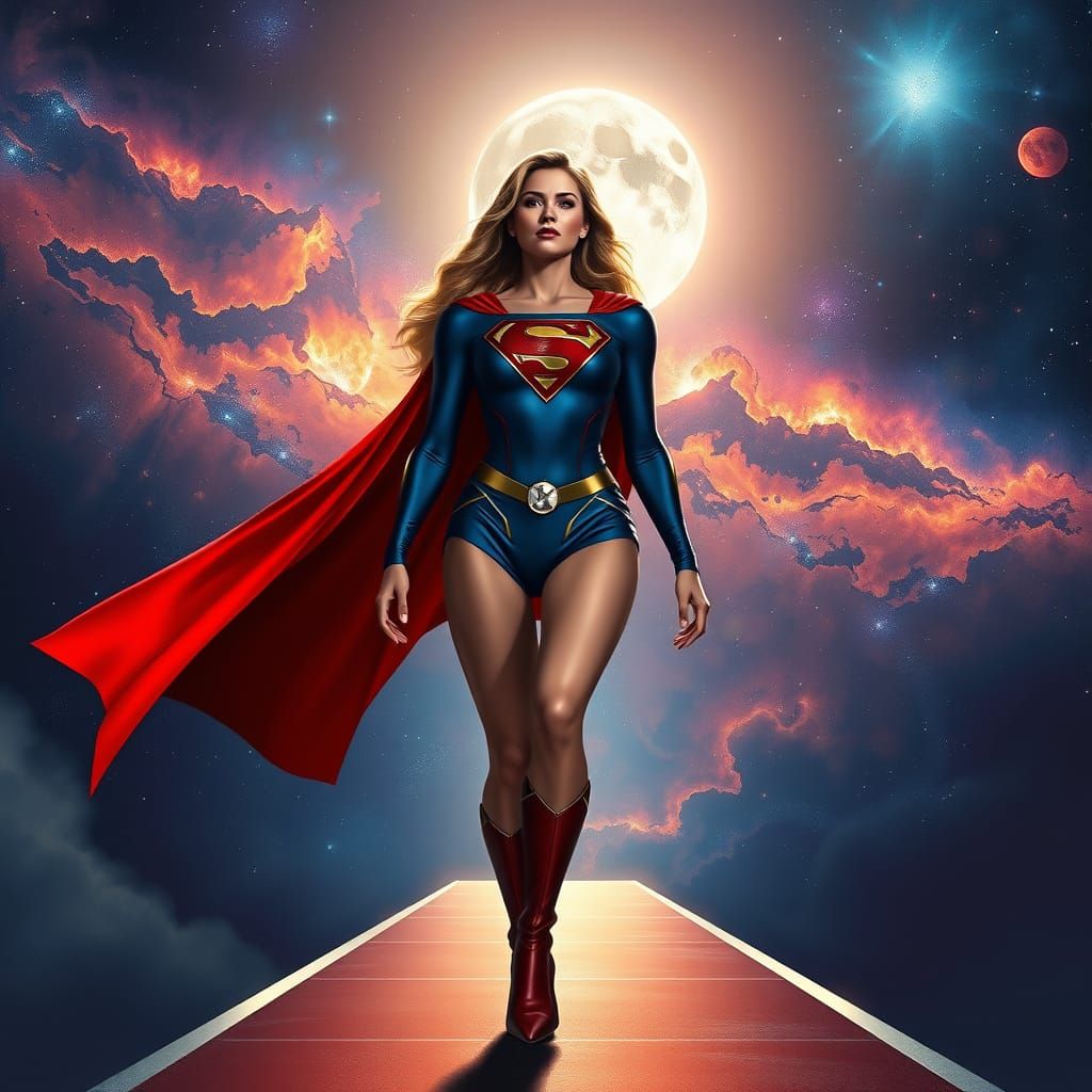 Supergirl Catwalks Cosmic Path with Moon Symbol