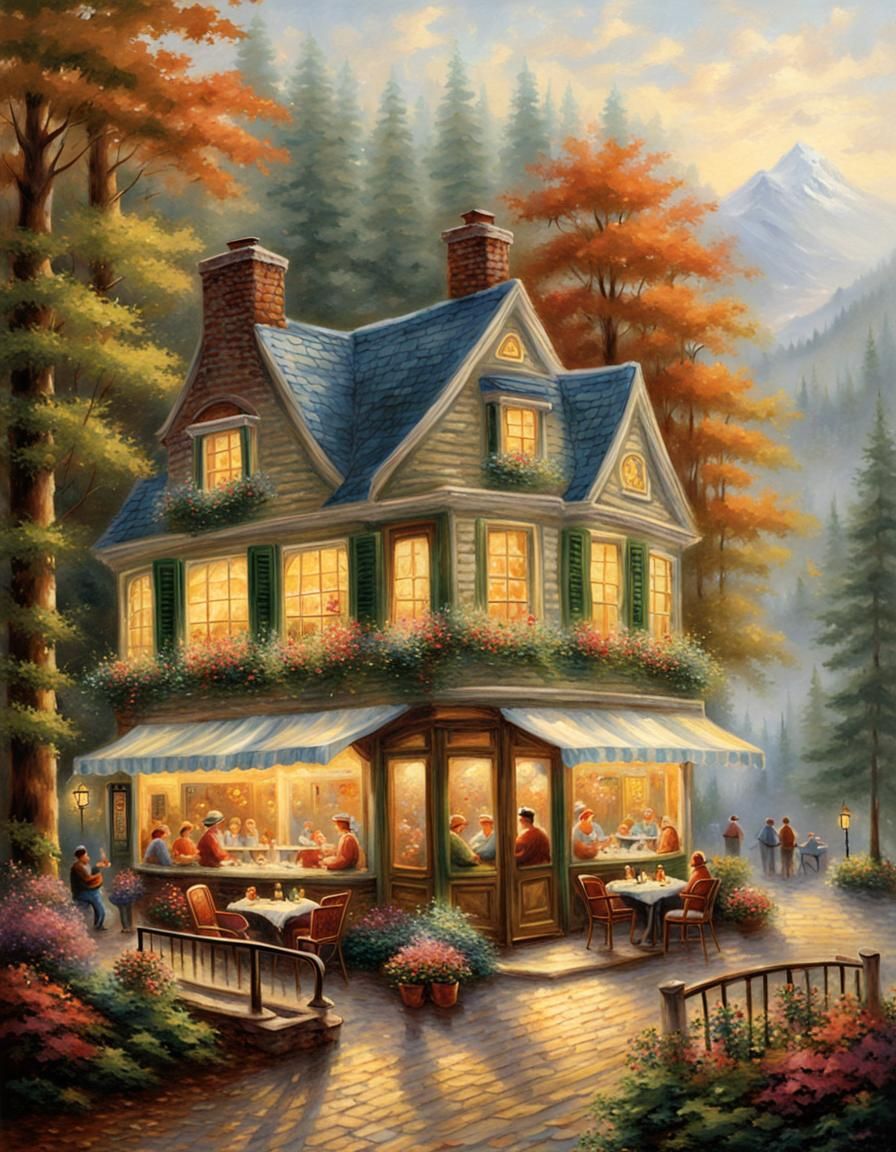 Cafe in Forest: Thomas Kinkade-Style Painting
