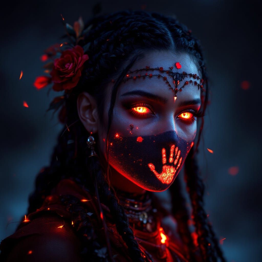 Native Goddess with Rose Braids and Ember Eyes in Midnight S...