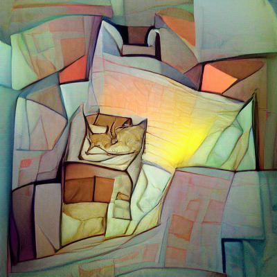 Cubist Cat Lounging in Bed with Light Colors