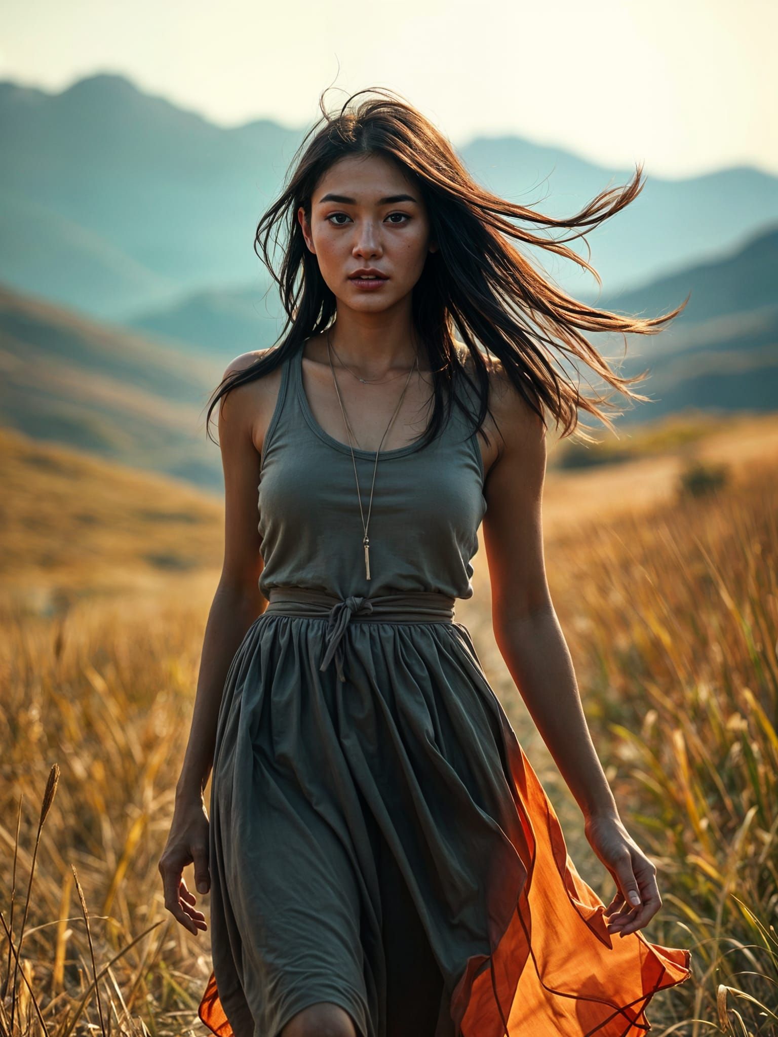Hyperrealistic Asian Woman Walking in Summer Valley