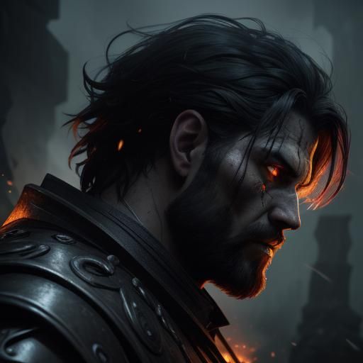 Gothic Warrior Portrait with Embers and Dramatic Lighting