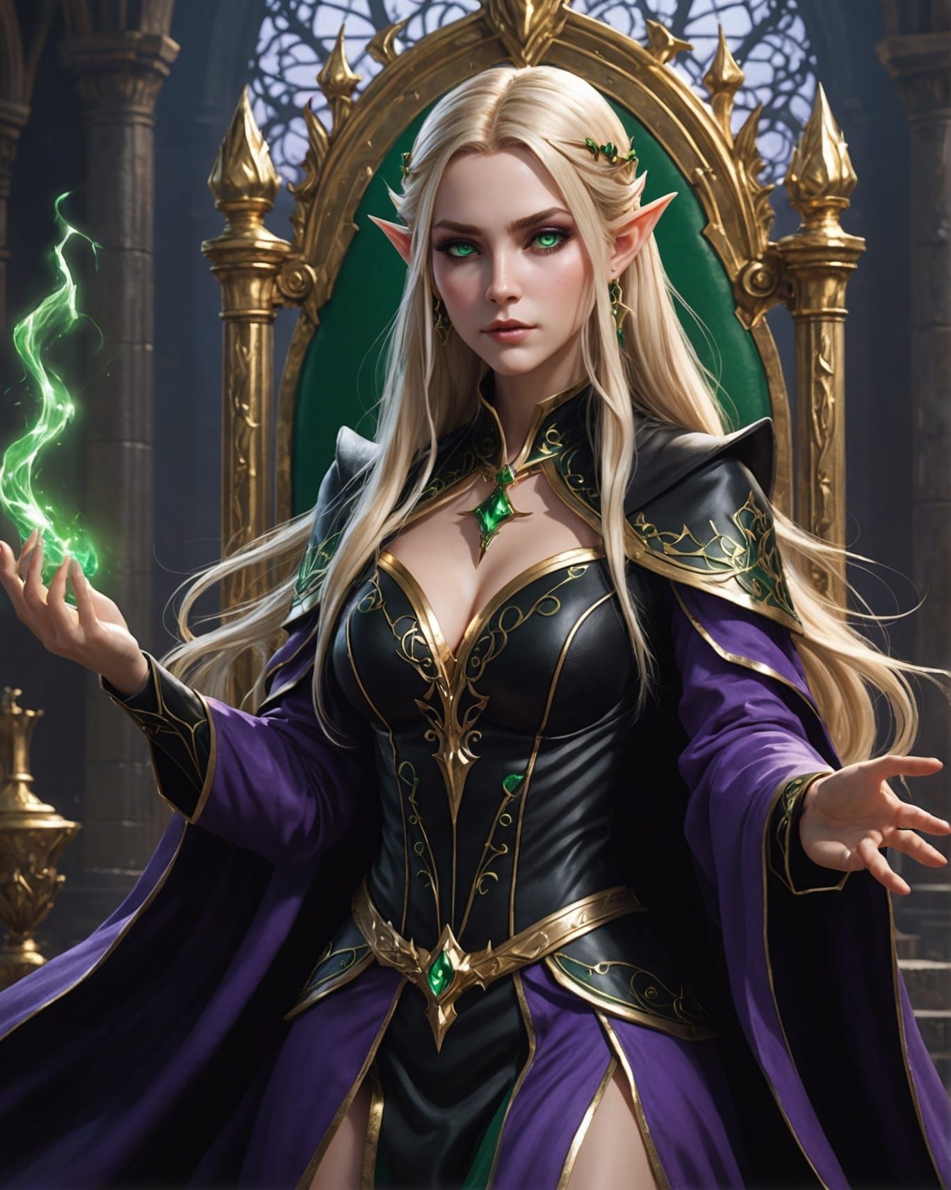 Elf Sorceress Casting Evil Spell in Anime Style