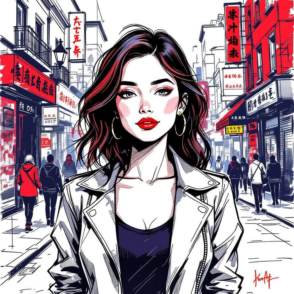 Woman in Urban Setting, Line Drawing Portrait