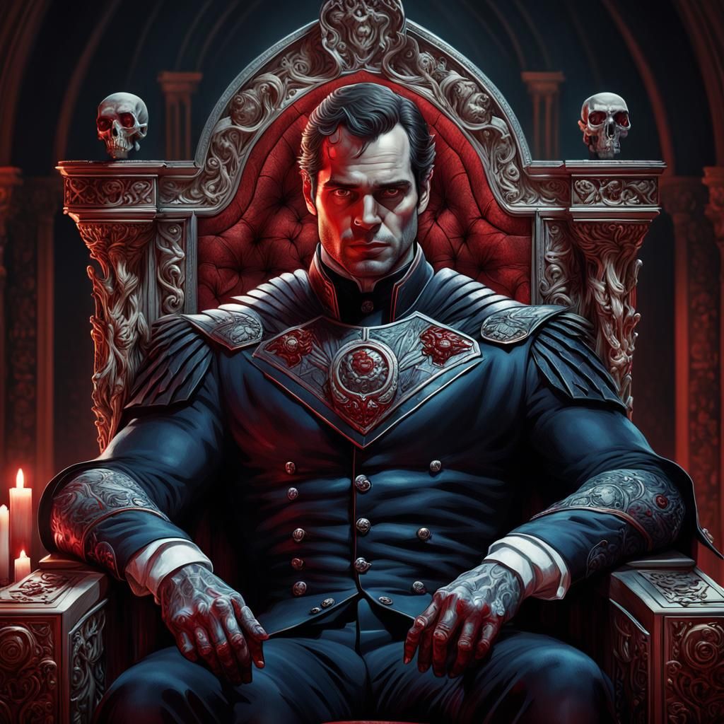 Henry Cavill in a vampire suit. Sitting on a throne made of ...