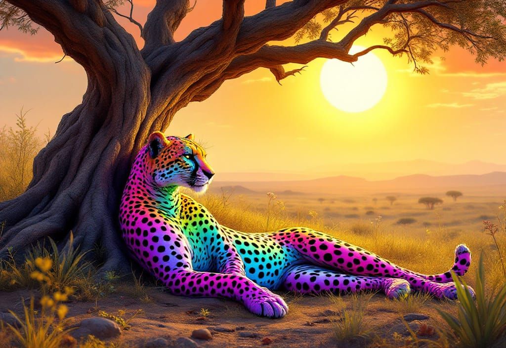 Rainbow Cheetah Lounging Under Ancient Tree