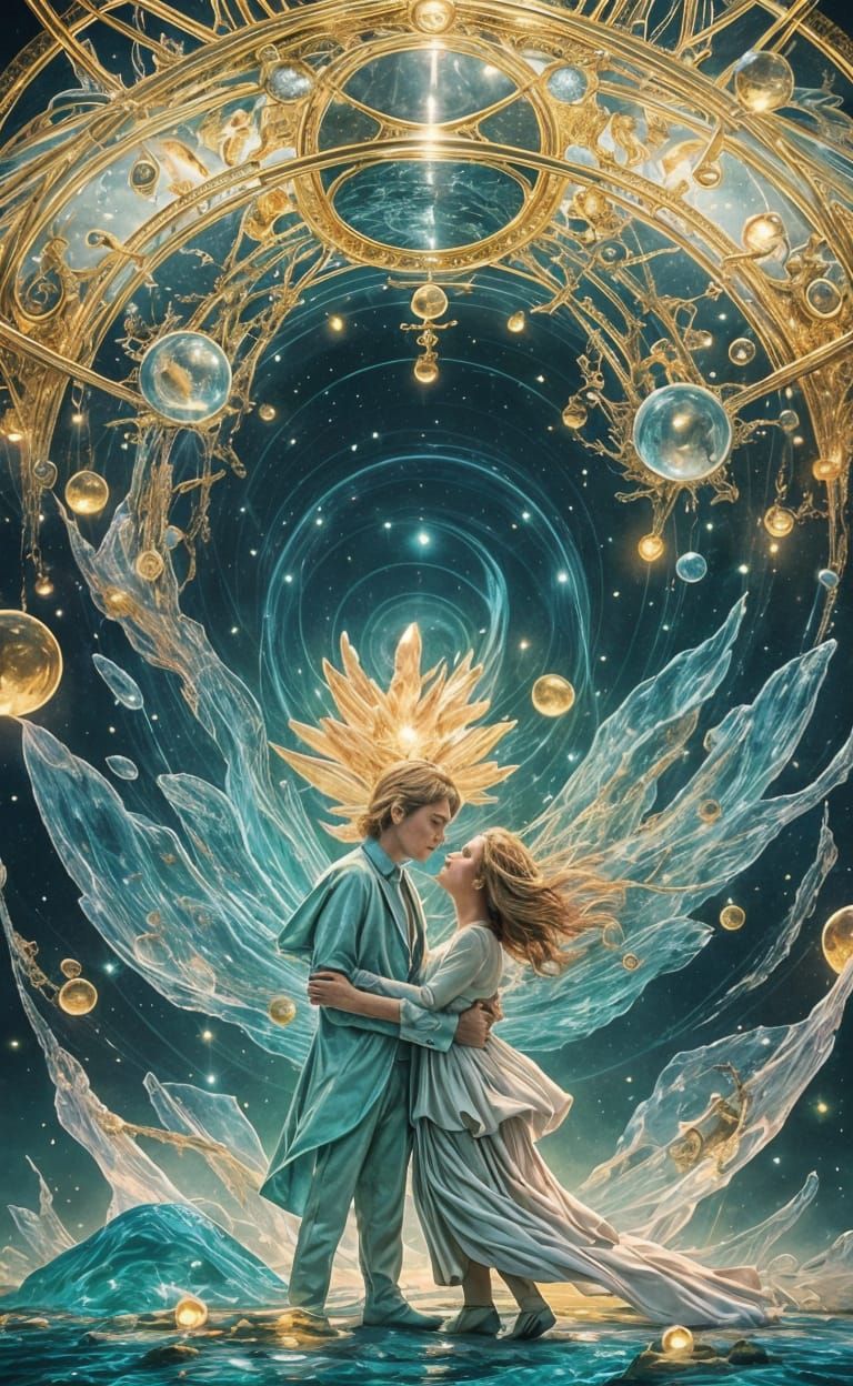 Surreal Couple Embracing on Floating Islands in Dreamlike La...