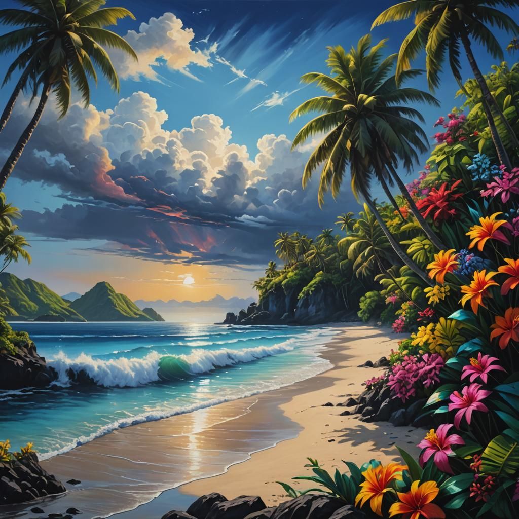 Dramatic Fiji Beach Scene in Hyperrealistic Art Style