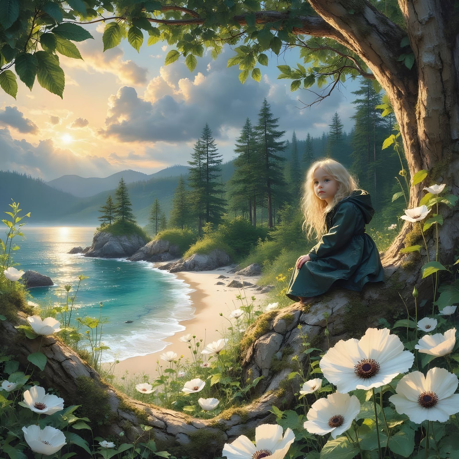 Girl in Forest Overlooking Beach in Green and Teal
