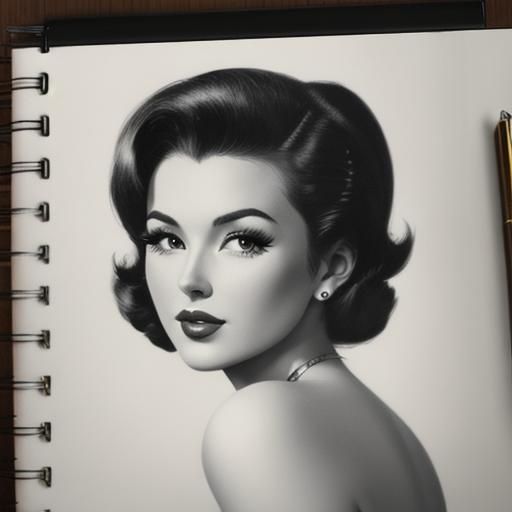 Retro 1950s Pinup Model Pencil Sketch