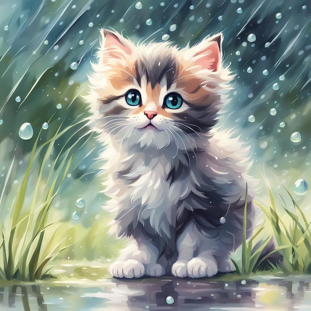 Fluffy Kitten in Gentle Rain: A Digital Painting