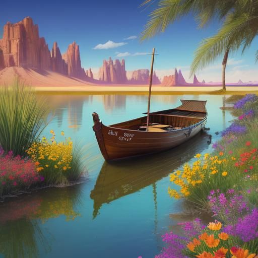 Vintage Boat on Desert Lake in Hyperrealism