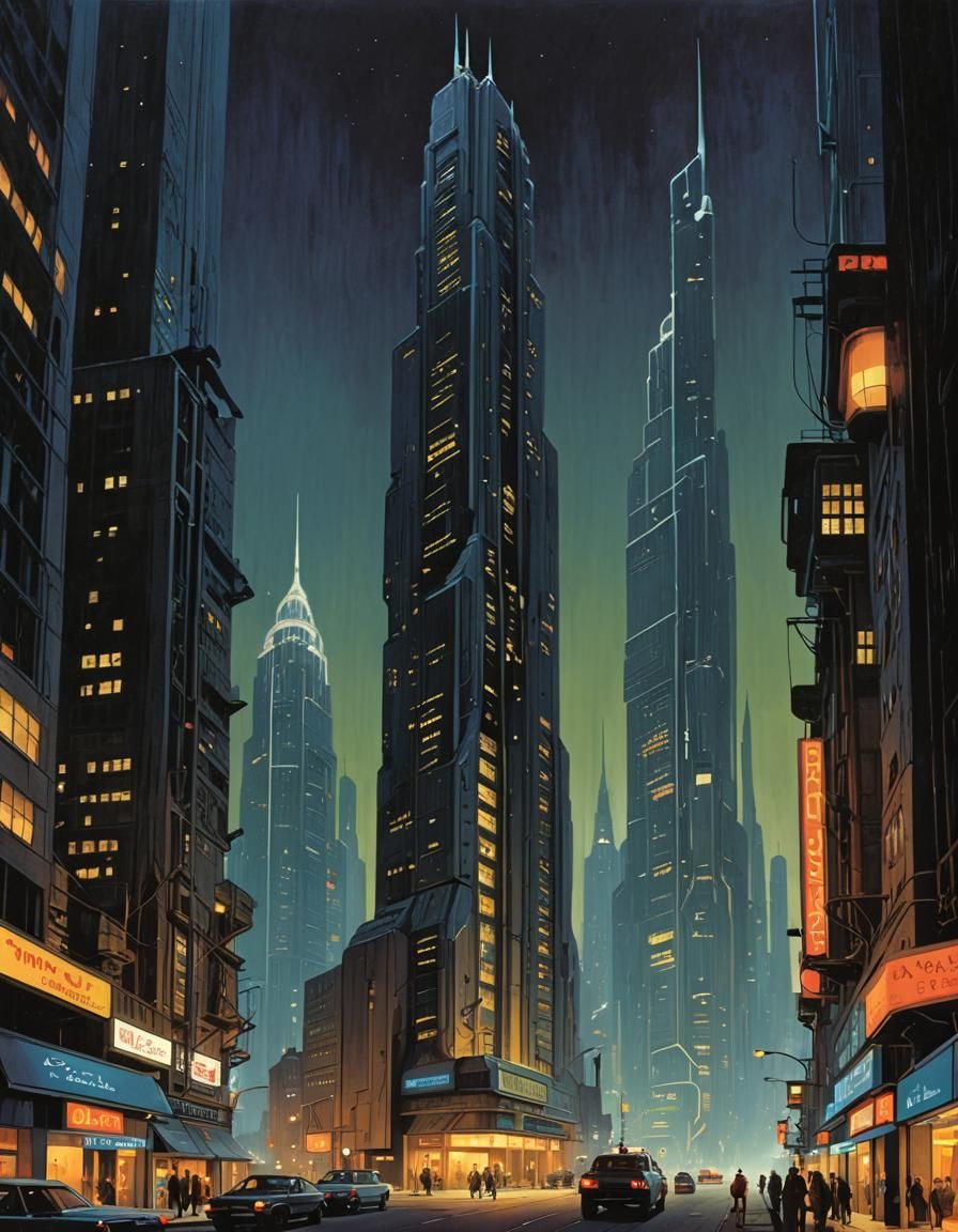 Futuristic Skyscraper at Night in 70s Sci-Fi Style