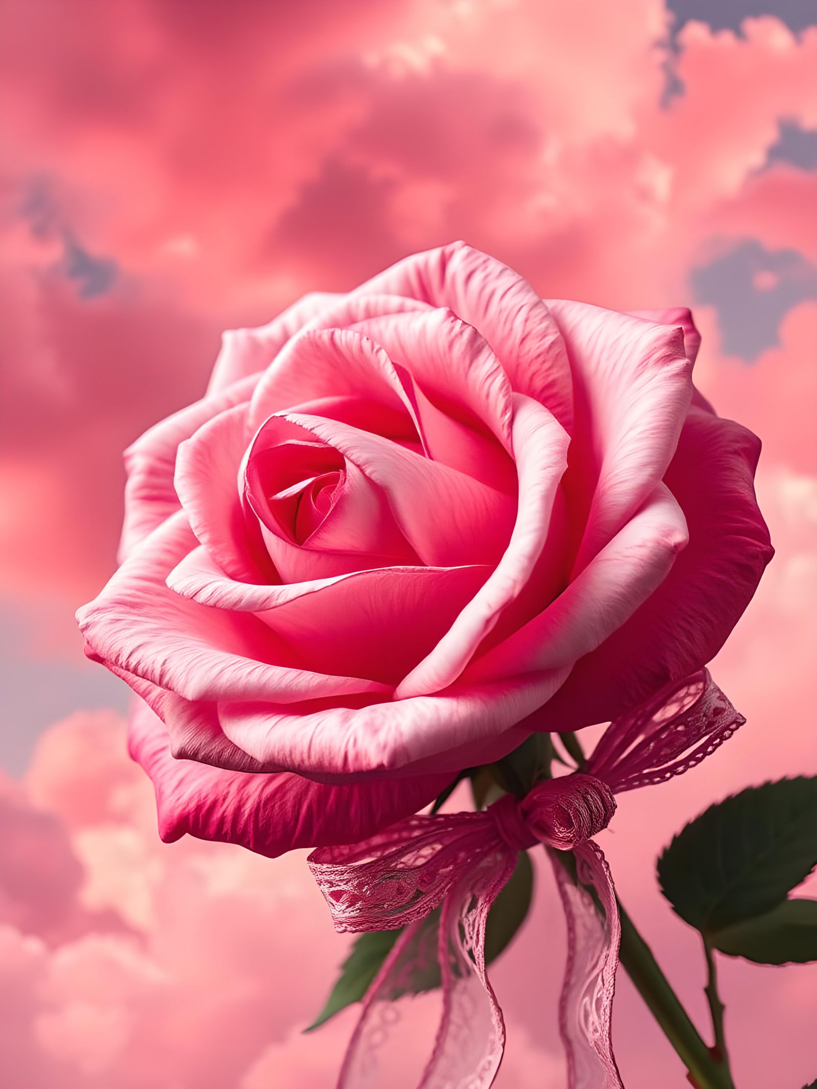 Hyperrealistic Pink Rose with Chrome Lace Ribbon