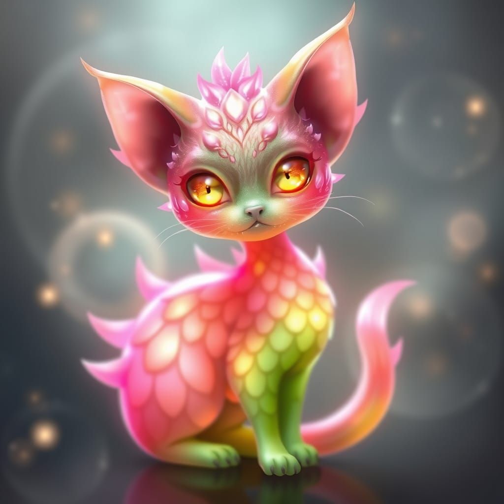 Whimsical Feline Creature in Iridescent Scales