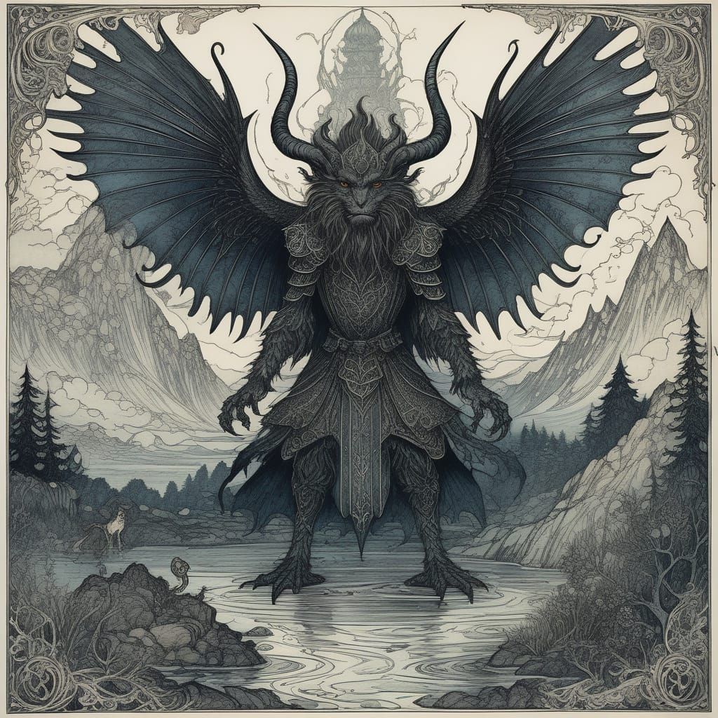 Mythical Creature Illustration in Ornate Gothic Style