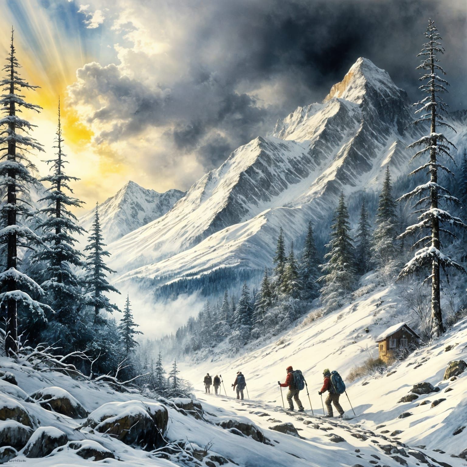 Hikers Brave Blizzard in Watercolor Landscape