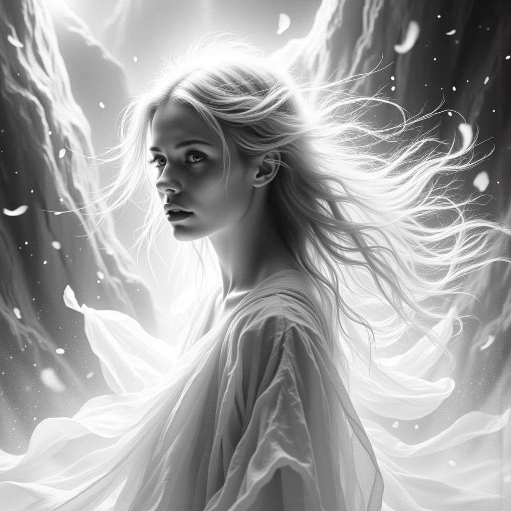 Woman at White Hole in Romantic Realism Style