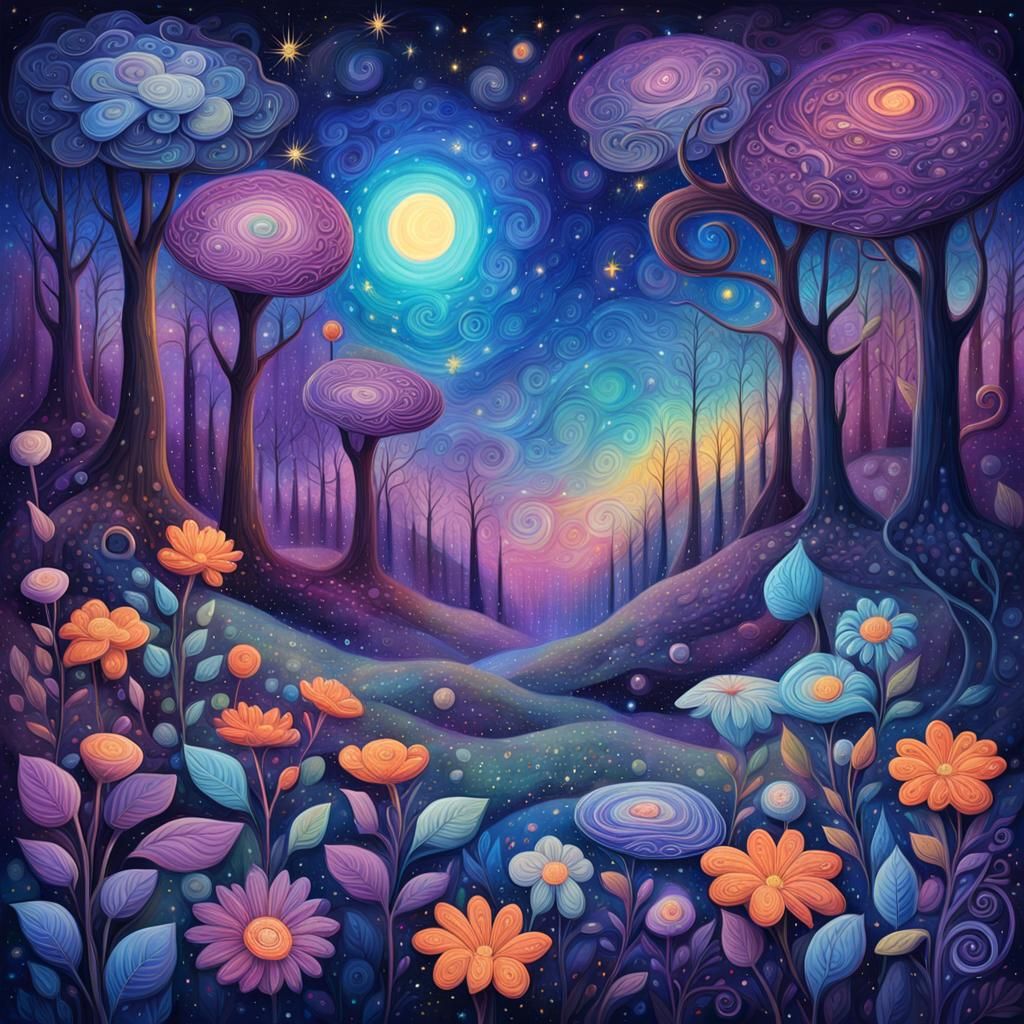 Cosmic Forest with Iridescent Flowers in Mixed Media