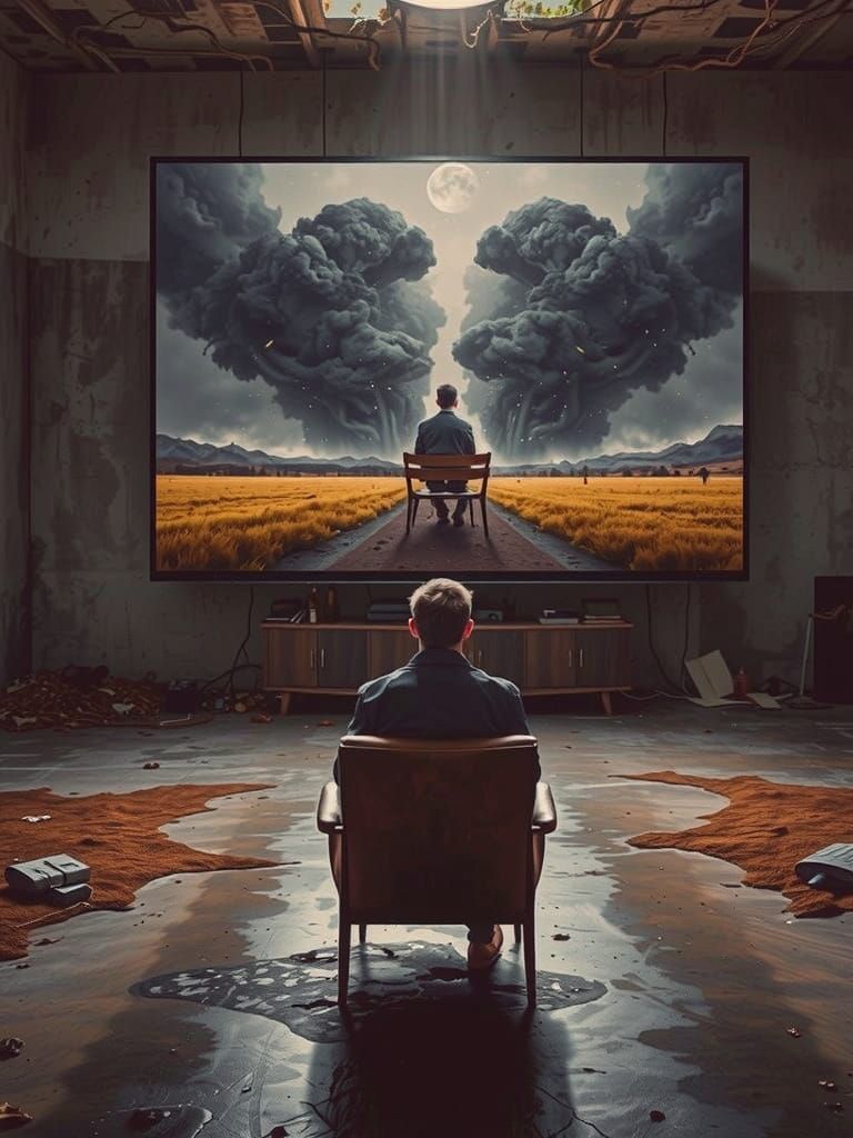 A man in a worn, leather armchair sits outside in a dimly lit, moonlit garden, surrounded by lush greenery, lost in thou...