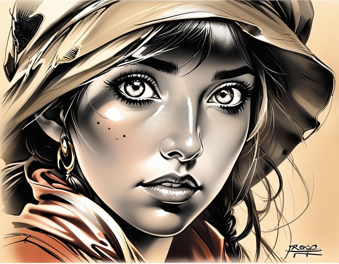 Fisherwoman's Piercing Gaze: A Detailed Drawing