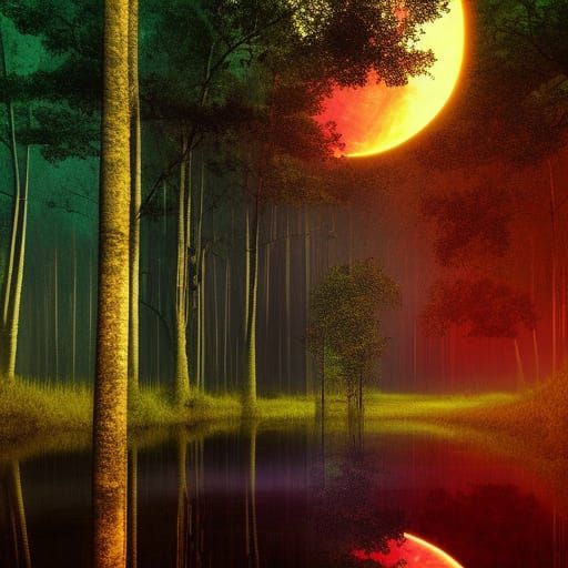 Rainbow Reflection in Overgrown Swamp at Sunset