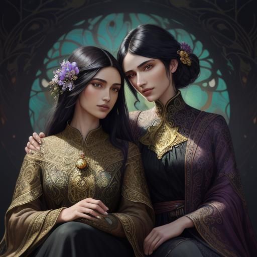 Fantasy Women with Peacock Feathers in Art Nouveau Style