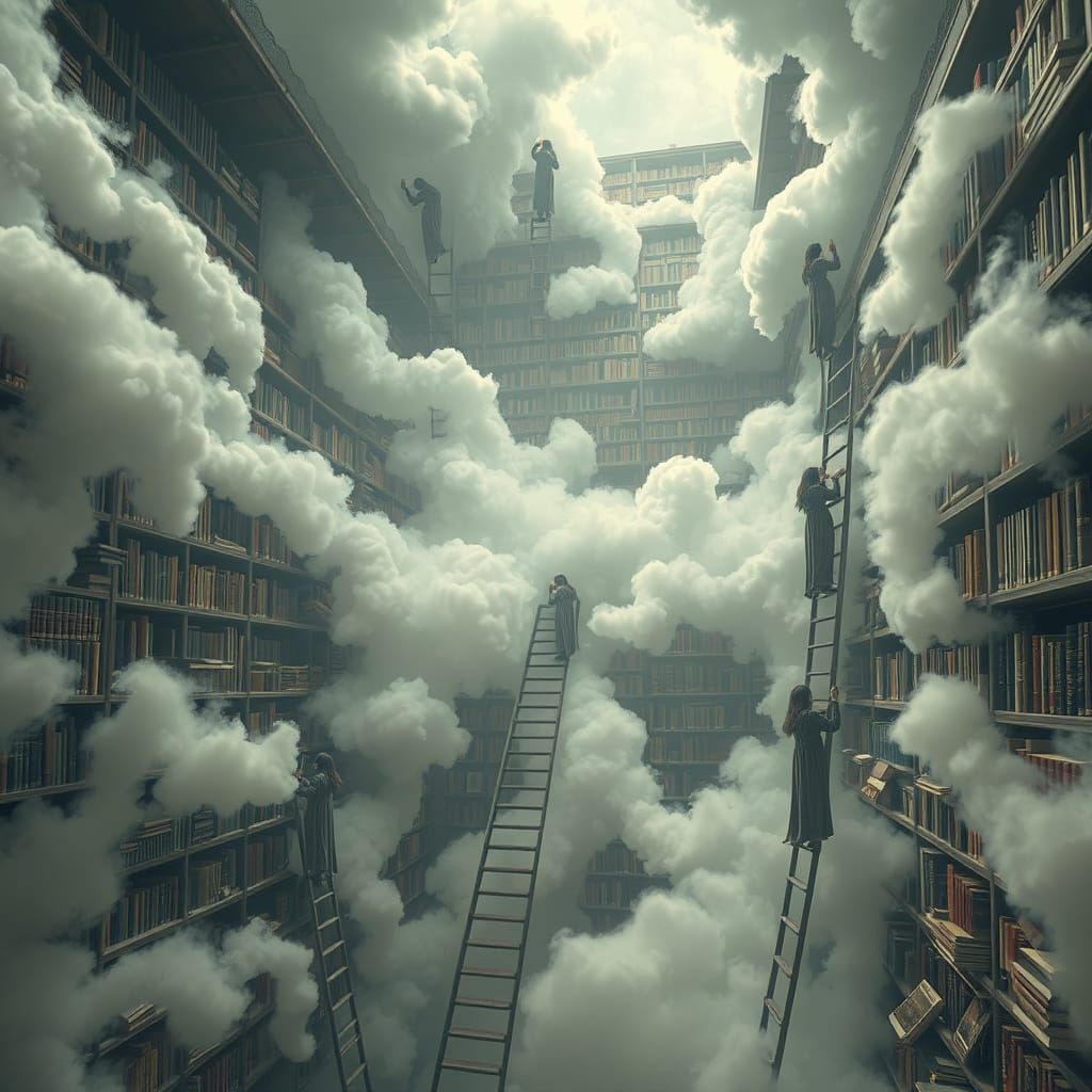 Ethereal Cloud Library with Drifting Books