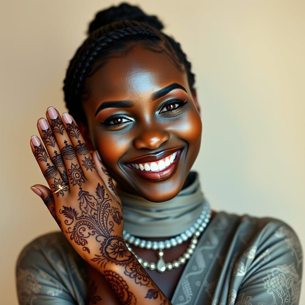 Glamorous Black Woman with Henna-Adorned Hands in Elegant At...
