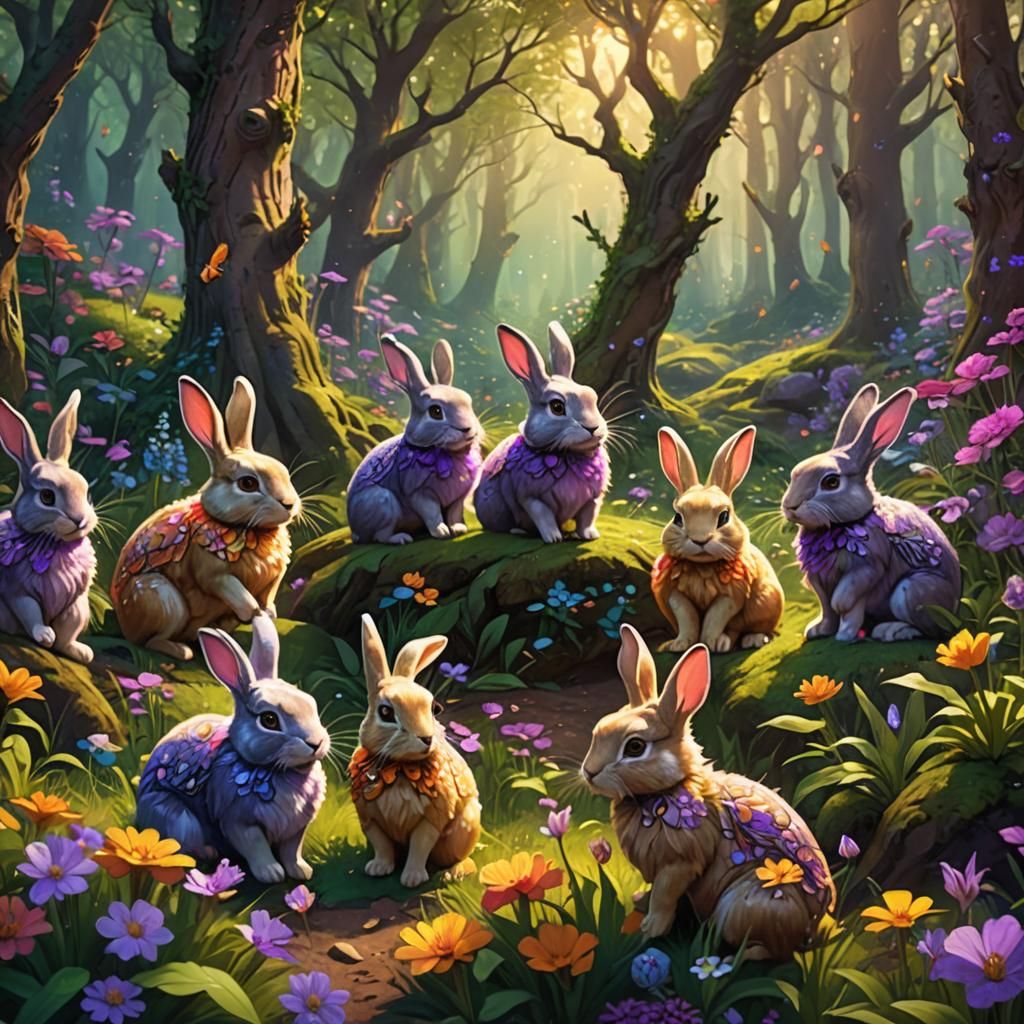 Whimsical Bunnies Frolic in Fantasy Forest Art