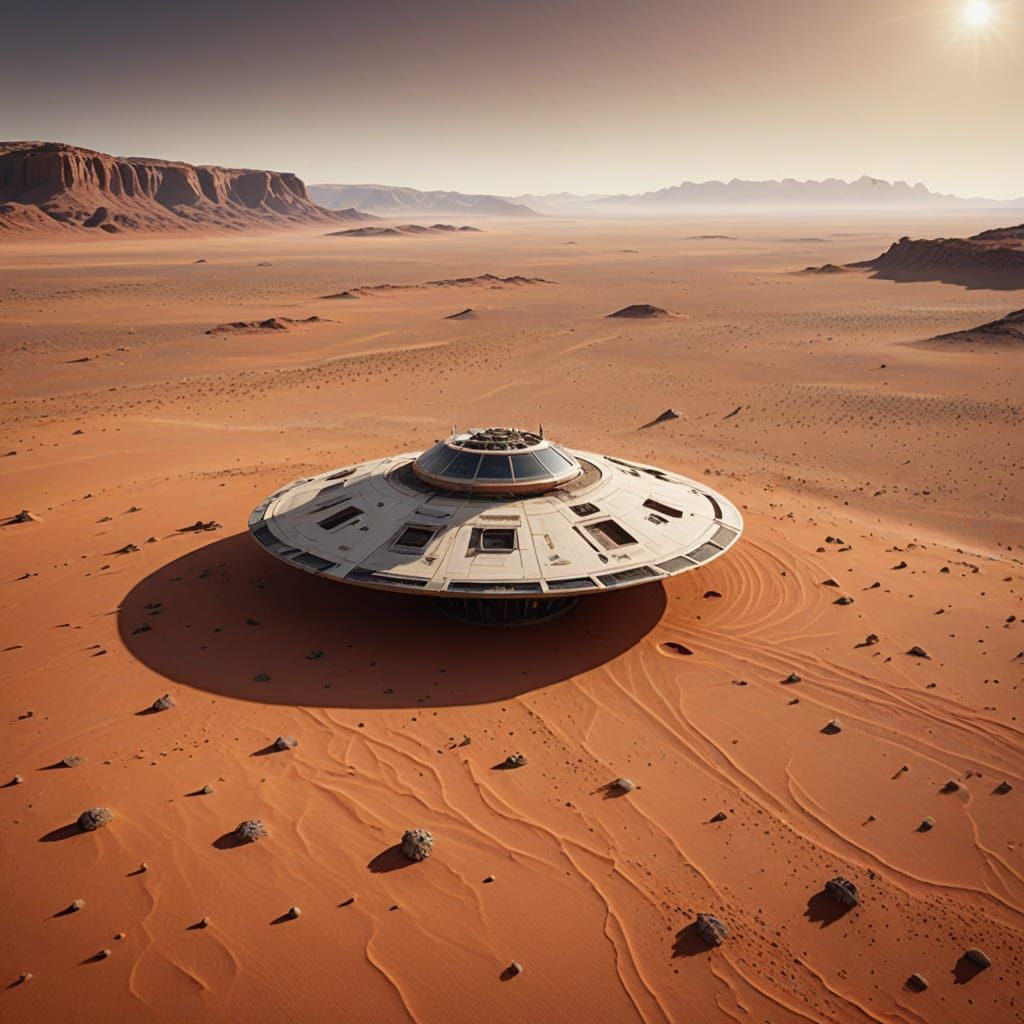 Dramatic Red Planet Landscape with Abandoned Saucer-Shaped S...