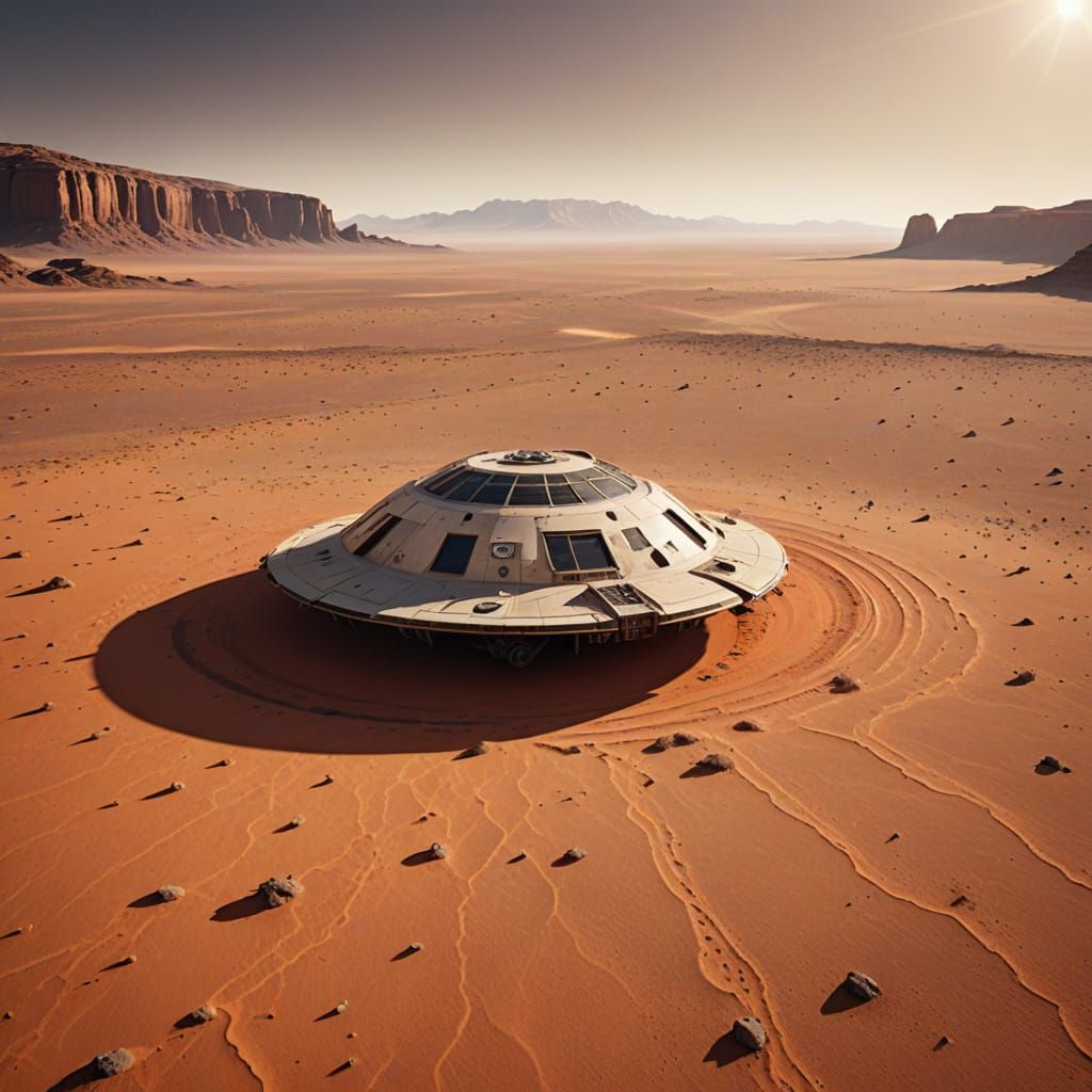 Saucer-Shaped Spaceship on Red Desert Planet