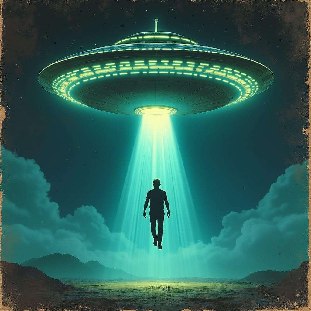 Retro-Futuristic UFO Abduction Poster in Neon Green and Blue