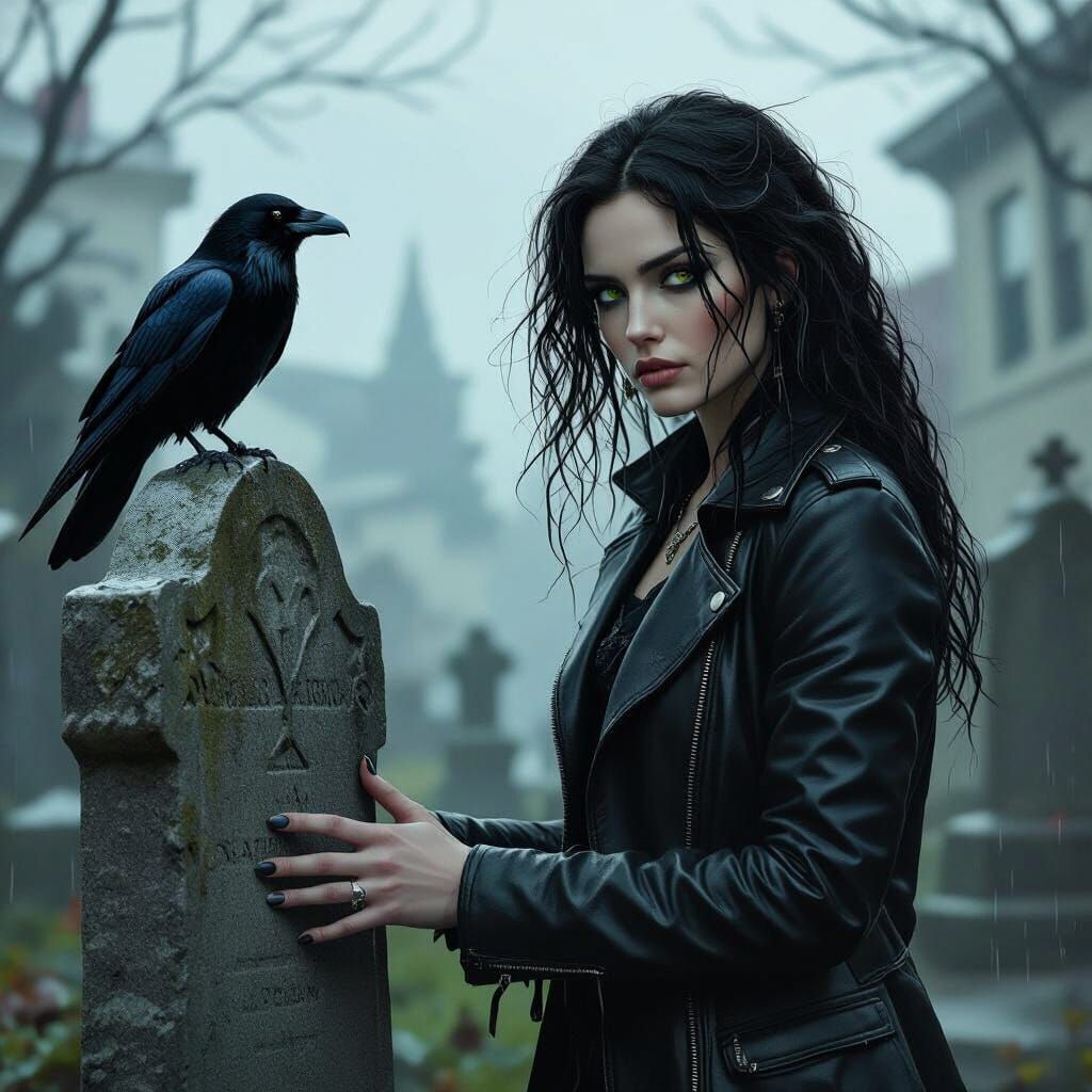 Gothic Graphic Novel Heroine in Rain-Soaked Graveyard