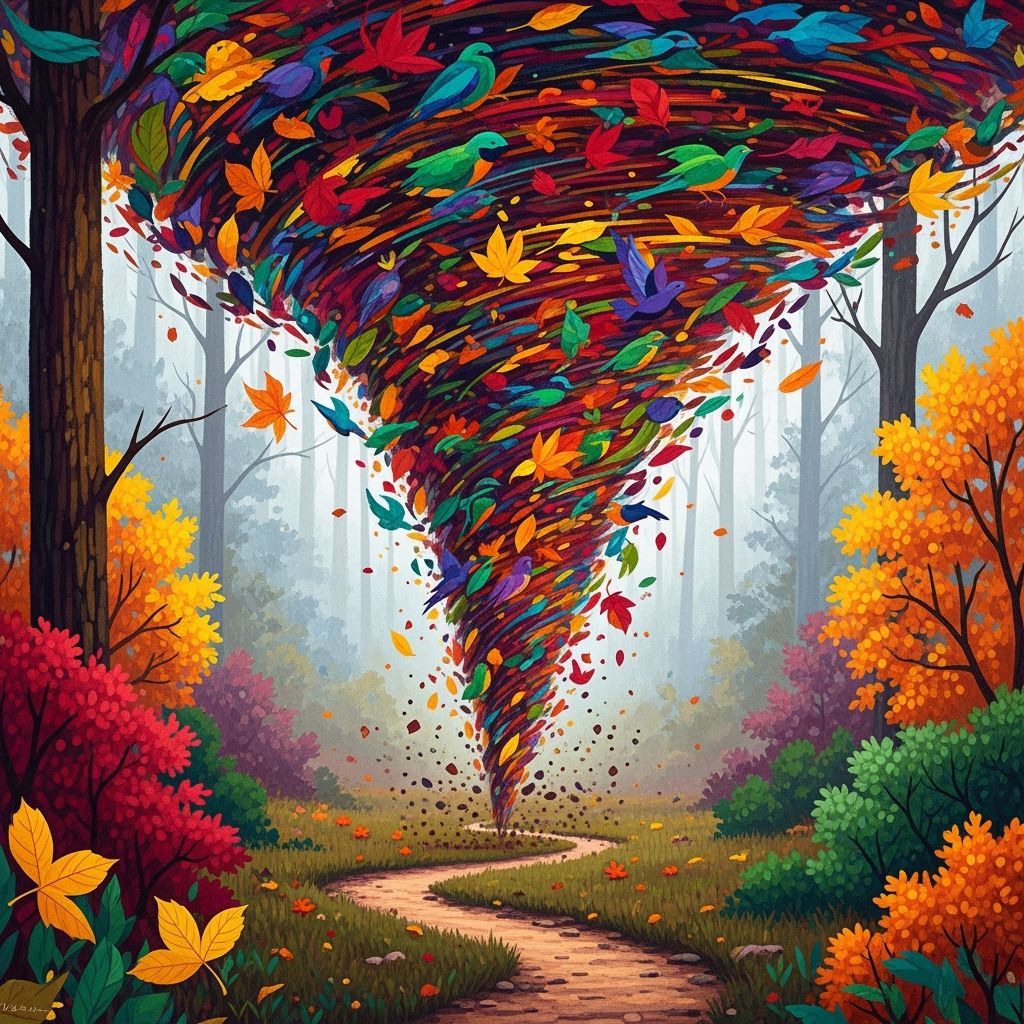 Vibrant Bird and Leaf Vortex Over Forest Path