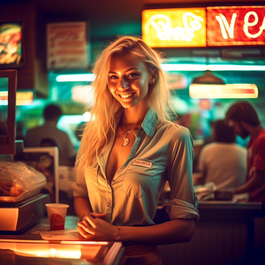 Hazy Photo of Blonde Fast Food Employee