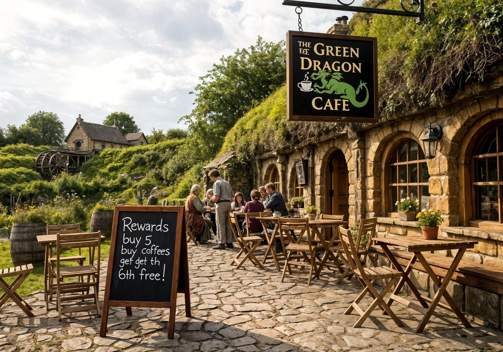 Hobbiton Cafe With Green Dragon Sign and Bistro Seating