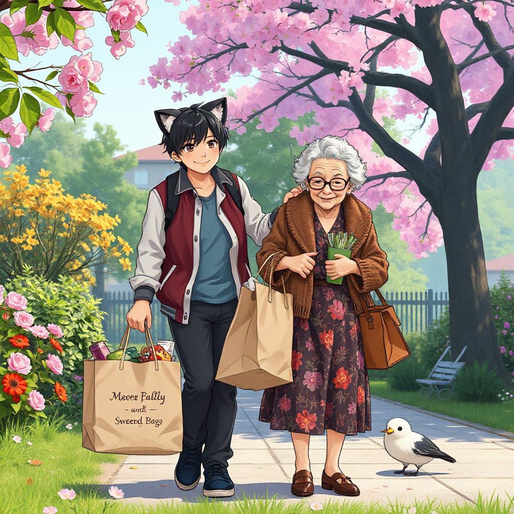 Charming Teenager Assists Adorable Granny in Vibrant Spring ...