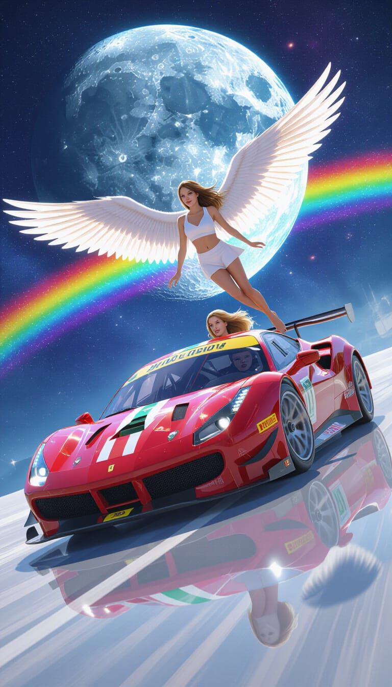 Winged Ferrari Races on the Moon in Hyperrealistic Style