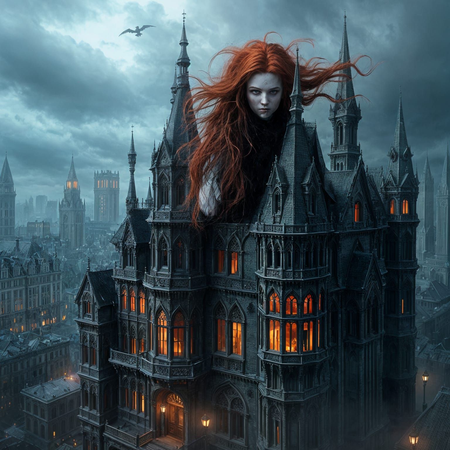 Eerie Victorian Mansion with Red-Haired Ghost