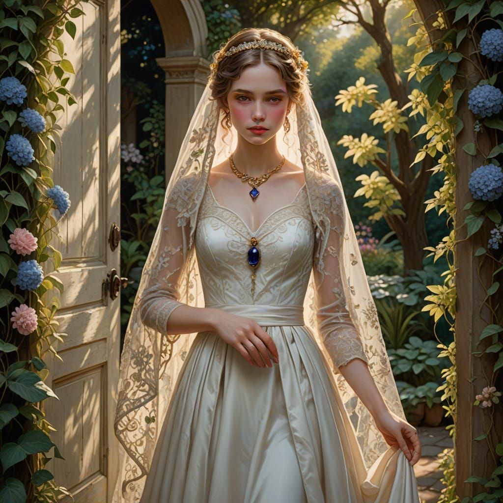Ethereal Bride in Vibrant Garden, In James Gurney's Style