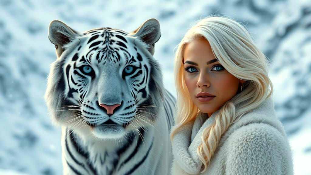 Woman and White Tiger in Snowy Himalayas