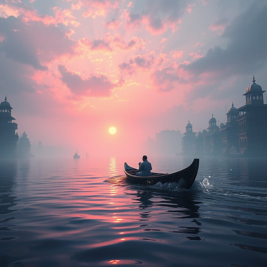 Fantastical River Ganga Sailing Scene in Vibrant Colors