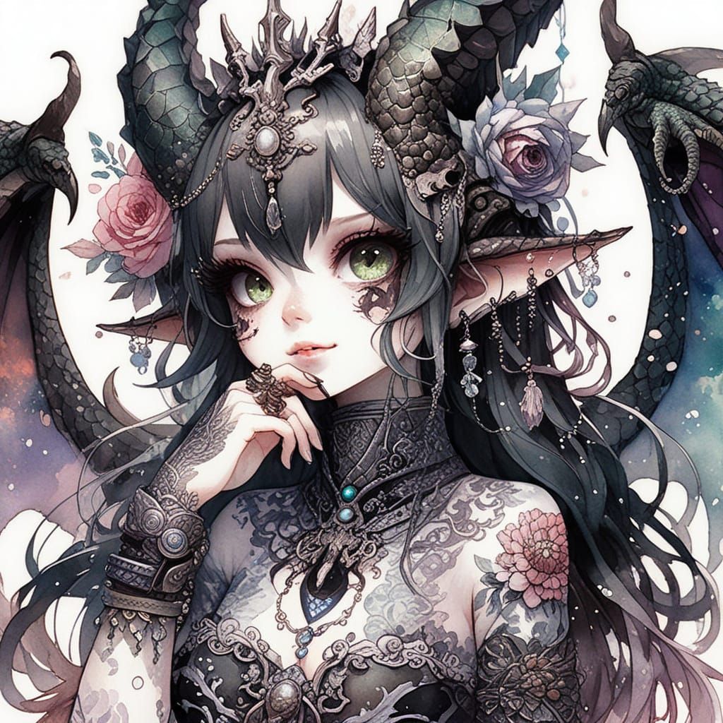 Confident Dragon Girl in Miyazaki-Inspired Watercolor