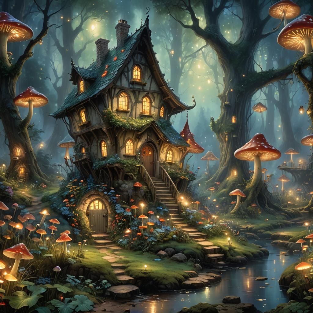 Gothic Fairy with Fireflies in Ethereal Forest